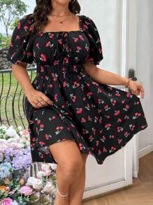 Franclia Cherry Print Puff Sleeve Square Neck Plus Size Boho Knee-Length Dress With Cinched Waist, For Summer