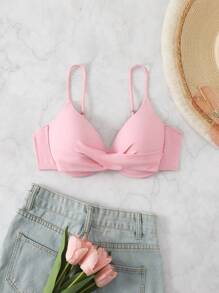 SHEIN Swim 女式實色簡約游泳衣上衣，內置鋼圈 - 淺粉色 - 查看 1