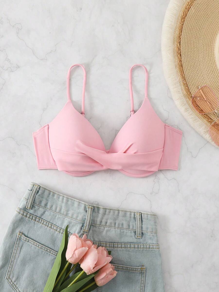 SHEIN Swim 女式實色簡約游泳衣上衣,內置鋼圈 - 淺粉色 - 查看 1