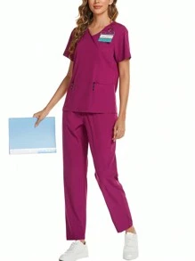 Bộ 2 đồng phục y tá tay ngắn và quần màu trơn - Màu đỏ tím - Xem 6