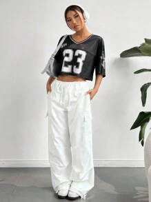 SHEIN EZwear Women's Summer V-Neck Mesh Alphanumeric Print Loose Drop Shoulder Cropped T-Shirt For Watching The Football Game - Black - View 4