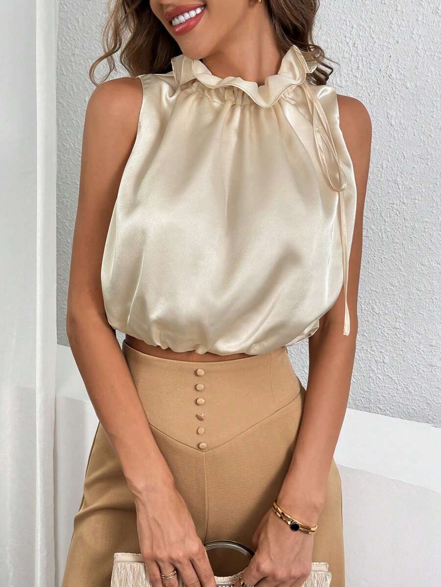 SHEIN Privé Women's Elegant Solid Color Ruffle Hem Sleeveless Cropped Shirt, Summer - Blue - View 1