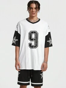Manfinity VCAY Men's 2pcs/Set Glossy Printing Loose Knitted Short Sleeve T-Shirt Outfit With Numbers