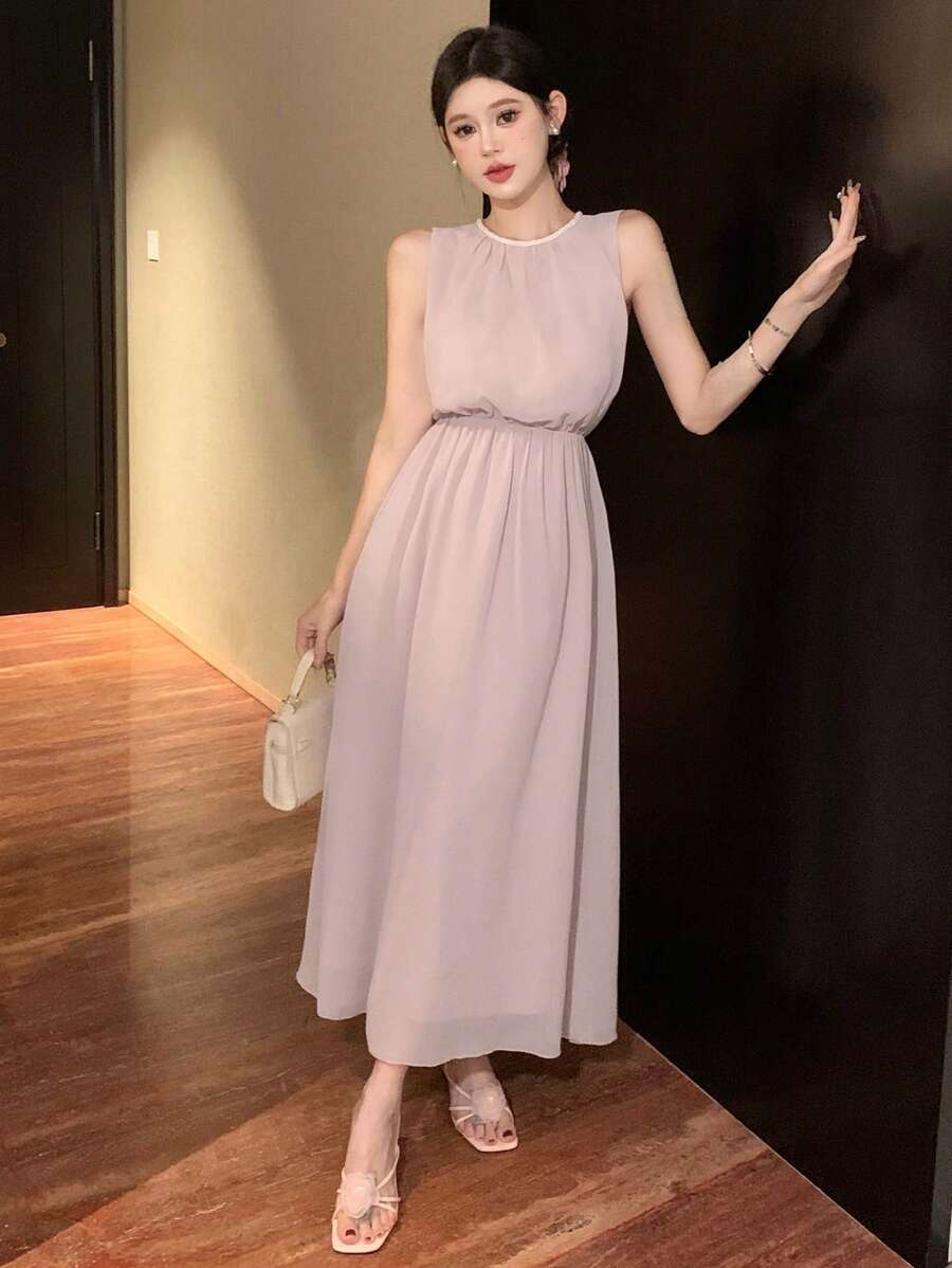 DAZY Vestido elegante de verano para mujer de unicolor, sin mangas, cuello redondo, vestido de fiesta de cumpleaños, vestido para boda - Rosa - Ver 1