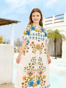 SHEIN Tween Girl Loose Floral Printed Notch V-Neck Short Sleeve Mid-Length Dress For Vacation