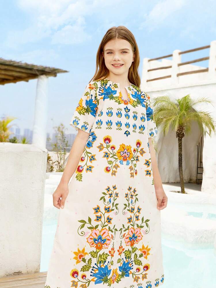Tween Girl Loose Floral Printed Notch V-Neck Short Sleeve Mid-Length Dress For Vacation