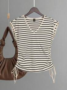 SHEIN LUNE Women's Summer Striped & Printed V-Neck Short Sleeve Drawstring Side Casual T-Shirt Graphic Tees Women Tops - Apricot - View 1