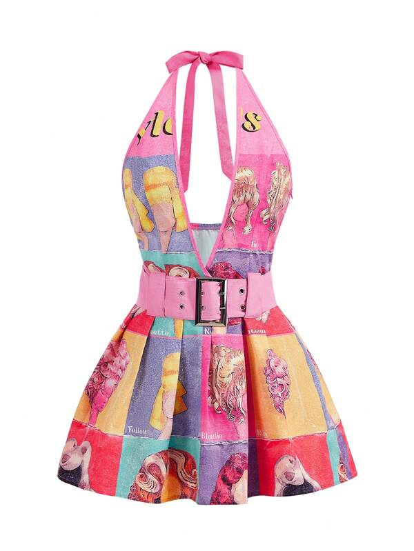Anapauaaart Artist Girlcore Rochie scurtă, fără spate, cu șalter, cu imprimeu casual, pentru femei, rochie de vară, rochie de soare de vacanță, ținută de concert pentru petrecere, ținute pentru ziua de naștere, festival, festival de ținute rave, îmbrăcăminte occidentală, rochie de bal
