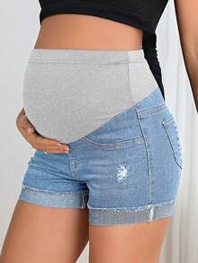 SHEIN Pantalones cortos diarios sencillos de mezclilla de unicolor para embarazadas - Lavado ligero - Ver 3