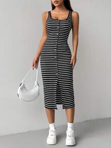 SHEIN EZwear 女士夏季休閒色塊條紋前鈕修身無袖連身裙 - 黑色 - 查看 4