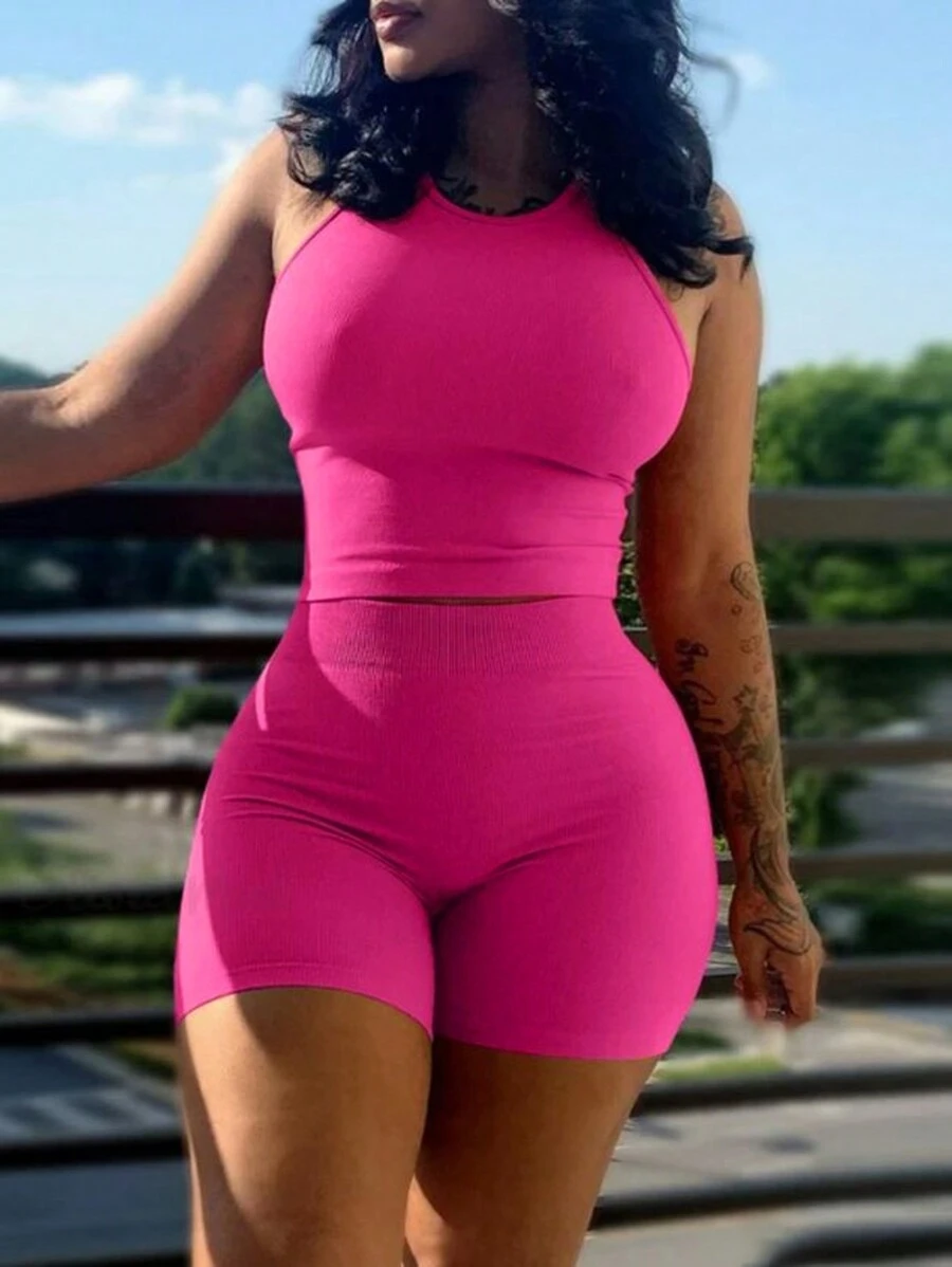 SHEIN Slayr 大尺碼女士素淨日常兩件套裝 - 玫紅色 - 查看 1