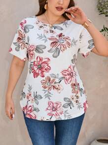 SHEIN Clasi Plus Size Women's Summer Floral Print Round Neck Short Sleeve Casual T-Shirt - Pink - View 7
