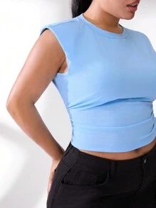 SHEIN BASICS Basic Style Knit Tank Top & Top With Pleats On Both Sides And Round Neckline For Plus Size Casual Wear - Baby Blue - View 3