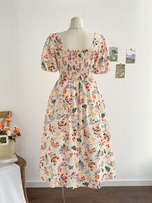 Soleia 大码 WYWH 假日田园浪漫多色花卉泡泡袖前扣方领波西米亚风连衣裙长款，适合夏季 - 彩色 - 查看 2