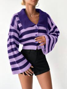 EURMUSE Contrasting Striped Splice Collar Cardigan - Lilac Purple - View 3