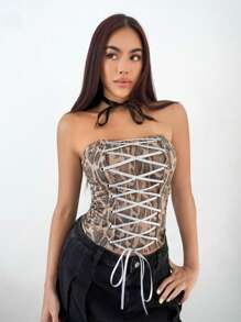 SHEIN Unity Top corto de mujer con estampado de piel de serpiente y cordones