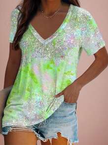 EMERY ROSE Plus Size Shiny Iridescent Printed Casual V-Neck T-Shirt - Multicolor - View 1