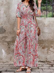 SHEIN LUNE Enterizo de verano fruncido con estampado aleatorio, perfecto para vacaciones - Multicolor - Ver 5