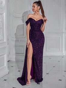 Elisanya Váy dạ hội dự tiệc cocktail dài xếp nếp hở vai xẻ đùi, đính sequin, trang trọng thanh lịch, trang trọng cho tiệc cưới, tiệc tốt nghiệp, tiệc tối đính sequin thanh lịch - Màu tím - Xem 4