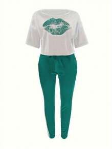 EMERY ROSE 夏季大碼女士嘴唇紋短袖休閒T恤和長褲套裝 - 薄荷綠 - 查看 4