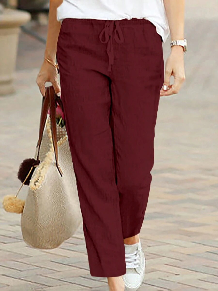 1 条女式纯色抽绳口袋直筒休闲裤