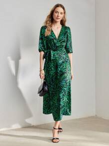 MOTF PREMIUM VESTIDO ESTAMPADO DE LEOPARDO COM DECOTE TRANSPOSTO, MANGAS BUFANTES E CINTO