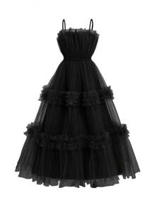 SHEIN Belle Elegant Ruched Ruffle Hem A-Line Women's Evening Dress With Spaghetti Straps (Heavy Version) Prom Semi Formal Wedding Guest Dress, For Birthday, Graduation, Homecoming Party Dress - Black - View 2