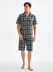 Men's Summer Plaid Short Sleeve And Shorts Homewear Set