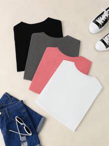 SHEIN LUNE Conjunto de 4 Camisetas casuales de manga corta con cuello redondo para mujer, lisas y de verano