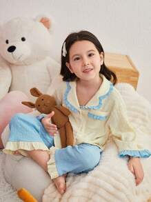 SHEIN Kleine Mädchen Prinzessin Stil Farbblock gestricktes Pyjama Set mit Spitzen Dekoration, Langarm Top und Hose, 2 Stücke