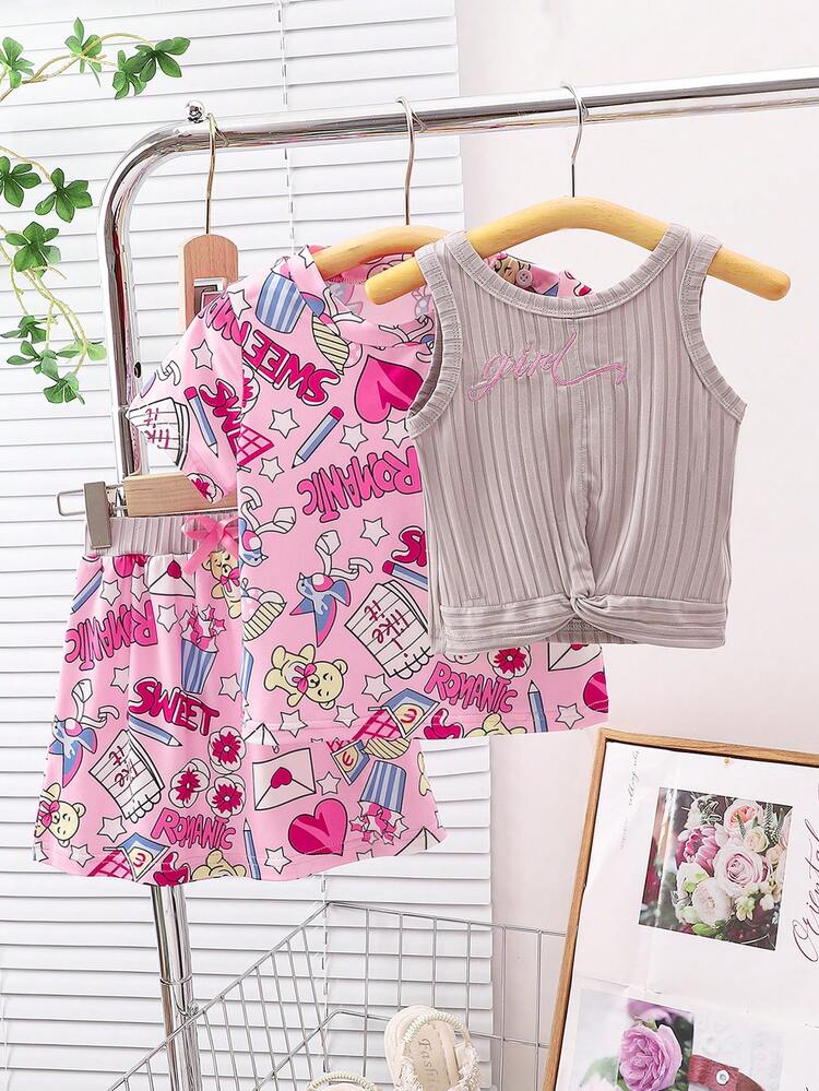 3pcs Baby Girls' Fashionable And Stylish Summer Outfit Set, Printed Sleeveless Top And Skirt With Headband