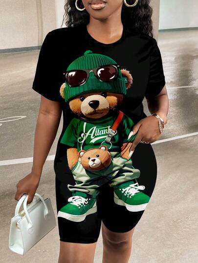 Slaydiva 女士熊印花短袖T恤和打底褲夏季二件套，圓領設計