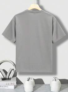 SHEIN 青少年男生3D浮雕字母印花下垂短袖休閒上衣 - 灰色 - 查看 2