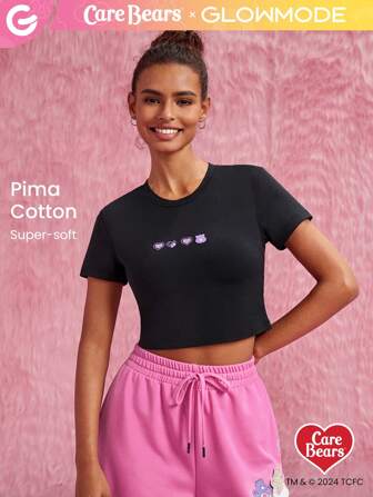  GLOWMODE X Care Bears™ - Camiseta corta y ajustada de algodón Pima bordada para uso diario casual