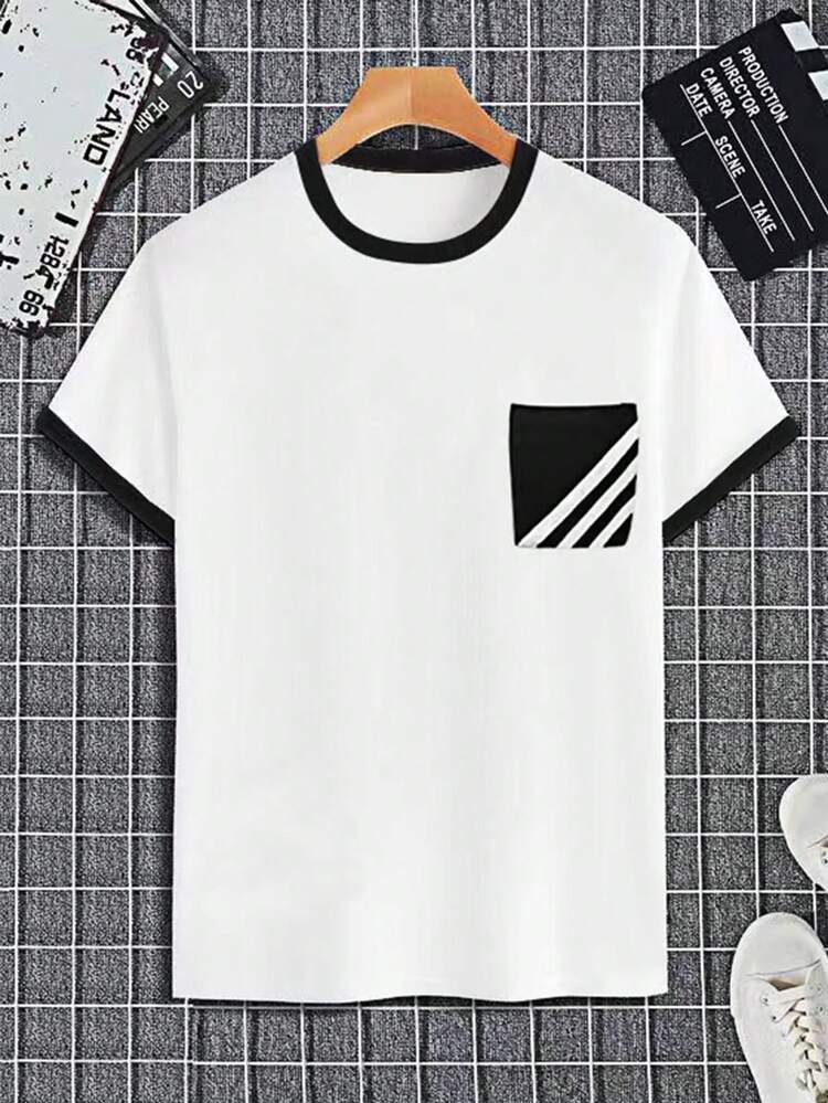 Men Plus Size Casual Short Sleeve T-Shirt With Color Blocking Design And Chest Pocket, Summer