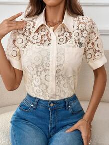 Chiquease Women's Lace Patchwork Floral Romantic Casual Shirt - Beige - View 1