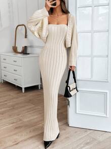 SHEIN Women Sweater Cardigan With Strapless Tube Knit Long Dress