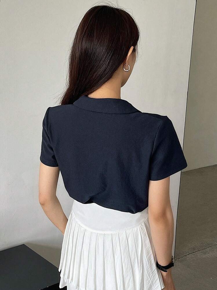 DAZY Women's Summer Unicorn Print Polo Collar Short Sleeve Casual T-Shirt,Business Casual Women - Navy Blue - View 5