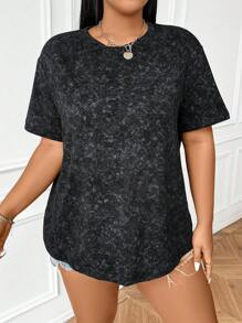 SHEIN EZwear Áo len dệt kim được giặt bằng axit Plus Size cổ điển, rộng rãi và thoải mái, thích hợp cho áo thun ngắn tay - Màu Hồng Tươi - Xem 5