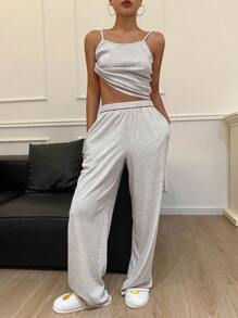 Livesso Colorblock Trim Decorated Cami Top And Long Pants Homewear Set,Back To School Clothes Pajama - Dark Grey - View 6
