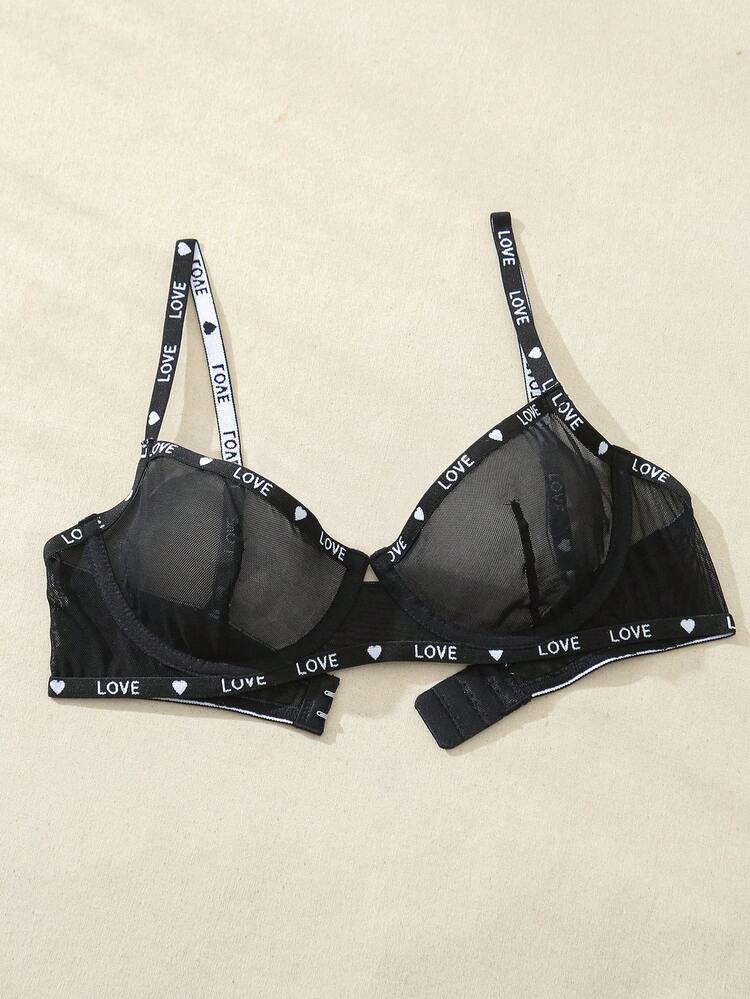 Women's Letter Jacquard Mesh Bra With Ribbon Detail, Lingerie
