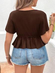 SHEIN VCAY 加大尺碼度假風格荷邊T卹 - 棕色 - 查看 2