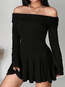 Solid Color Off Shoulder Long Sleeve Dress - Black - View 8