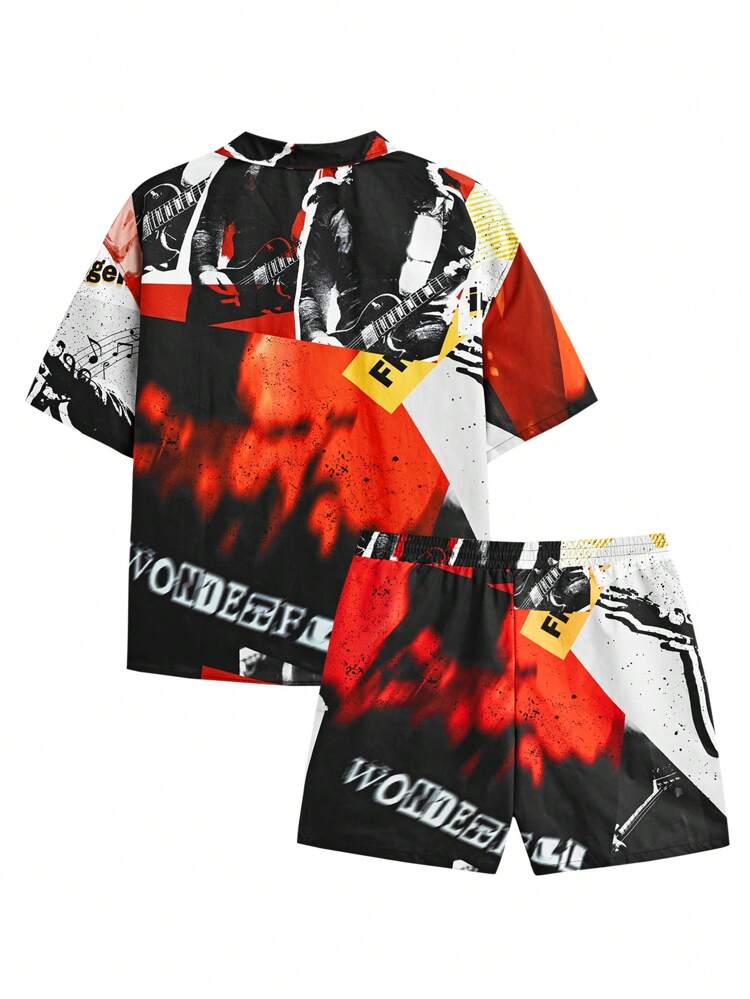 2-Piece Set Men Plus Size Casual Woven Printed Short-Sleeved Shirt Suit