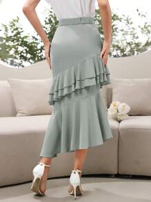 Modelyn Women's Solid Color Layered Asymmetrical Hem Elegant Skirt