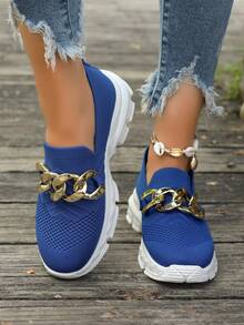 女性時尚針織網面運動鞋/大尺碼鍊條舒適學生鞋/戶外透氣運動鞋 - 藍色 - 查看 2