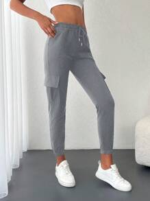 Cottnline Flap Pocket Side Drawstring Waist Joggers - Grey - View 4