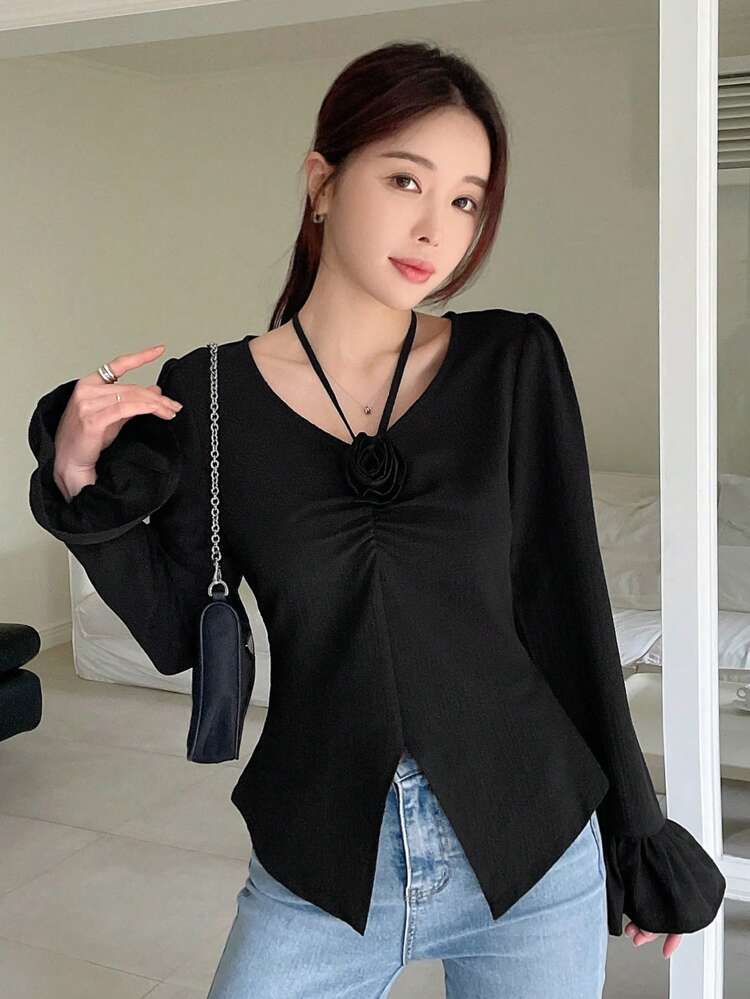 Solid Color Long Sleeve Belted Shirt With 3D Flower Decor For Women,Ruffle