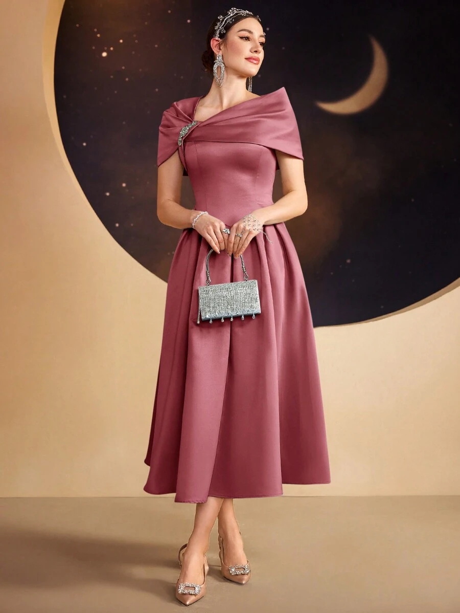 Modelyn 女士纯色不对称领口荷叶边装饰短袖优雅夏季连衣裙、派对连衣裙、派对连衣裙长款晚礼服 - 藕粉色 - 查看 1