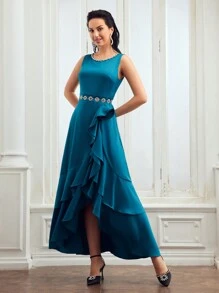 MOTF PREMIUM RHINESTONE DETAIL ASYMMETRICAL LAYERED RUFFLE TRIM DRESS